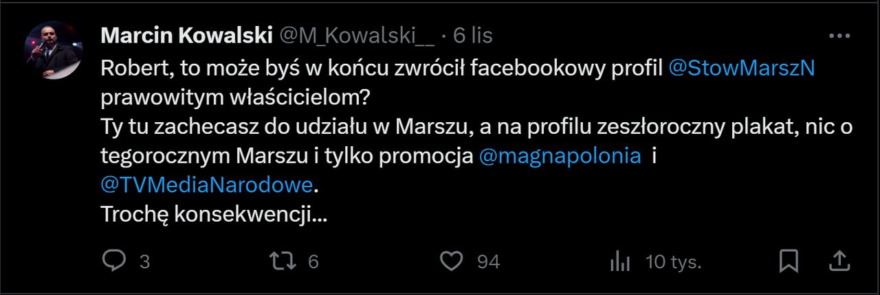 Wpis działacza SMN Marcina Kowalskiego na TT o profilu organizacji na Facebooku.