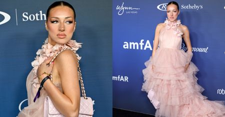 Caroline Derpienski w różowej kreacji z ultradługim trenem bryluje na evencie w Las Vegas