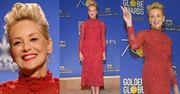 Uśmiechnięta Sharon Stone pozuje w czerwonych koronkach