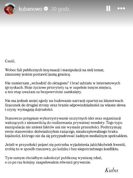 Oświadczenie Kuby Nowosińskiego z Instagrama