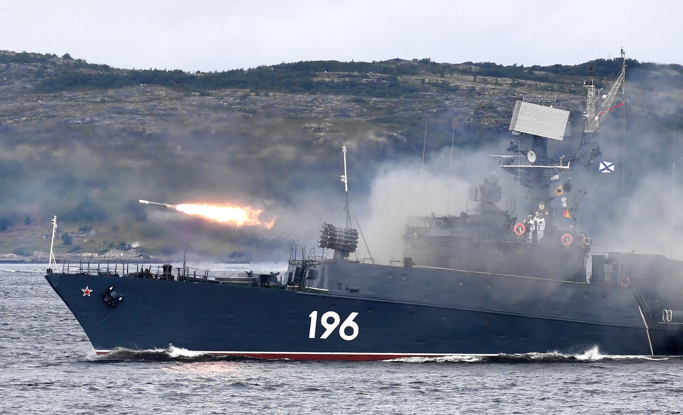 SEVEROMORSK, RUSSIA  JULY 25, 2021: The Monchegorsk small anti-submarine ship takes part in a naval parade marking Russian Navy Day in the Kola Bay. Lev Fedoseyev/TASS (Photo by Lev Fedoseyev\TASS via Getty Images)