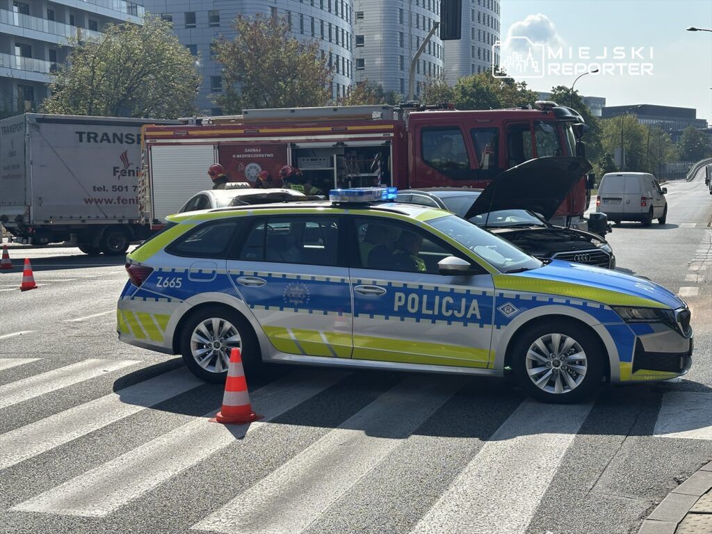 Policyjny radiowóz z włączonymi sygnałami świetlnymi blokuje przejście dla pieszych obok pojazdu straży pożarnej.