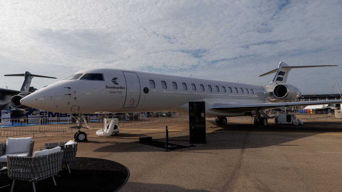 A Bombardier Inc. Global 7500 business jet on display during the Singapore Airshow in Singapore, on Wednesday, Feb. 4, 2026. The show runs through Feb. 8. Photographer: SeongJoon Cho/Bloomberg via Getty Images