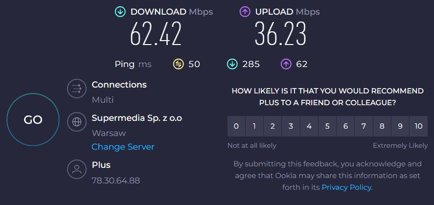 Speedtest.net z wykorzystaniem ZTE MF17B