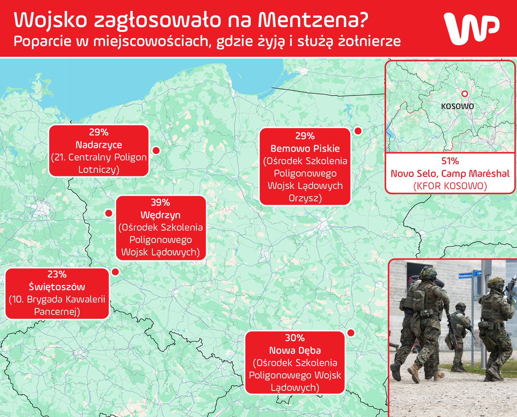 Poparcie Sławomira Mentzena w miejscowościach z wojskowymi