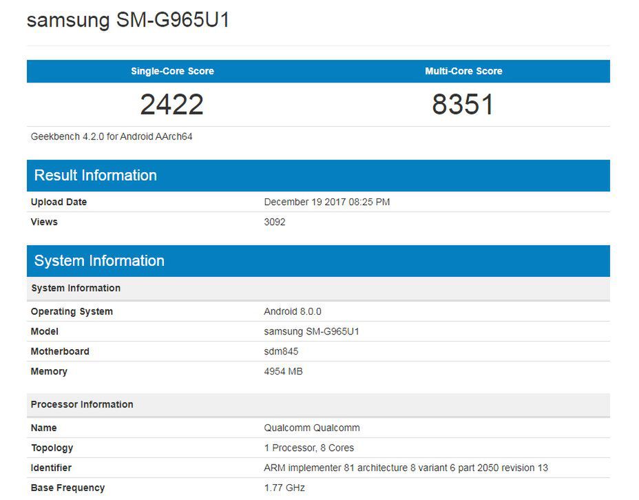 Samsung Galaxy S9+ w bazie Geekbench