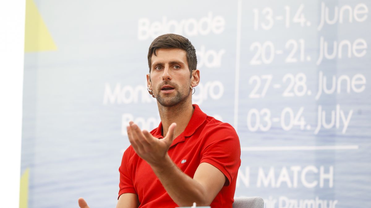 BELGRADE, SERBIA - MAY 25: Novak Djokovic of Serbia speaks to the media at a news conference on the upcoming Adria Tour tennis tournament at Novak Tennis Centre on May 25, 2020 in Belgrade, Serbia. (Photo by Srdjan Stevanovic/Getty Images)