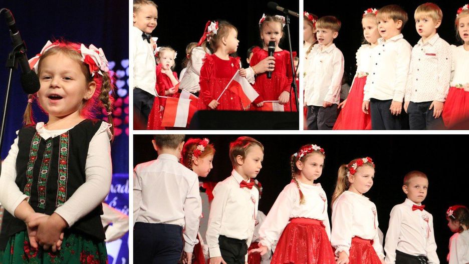 Przedszkolaki z Przedszkola Sióstr Służebniczek podczas patriotycznego występu z okazji Dnia Niepodległości w MCK w Aleksandrowie Kujawskim.