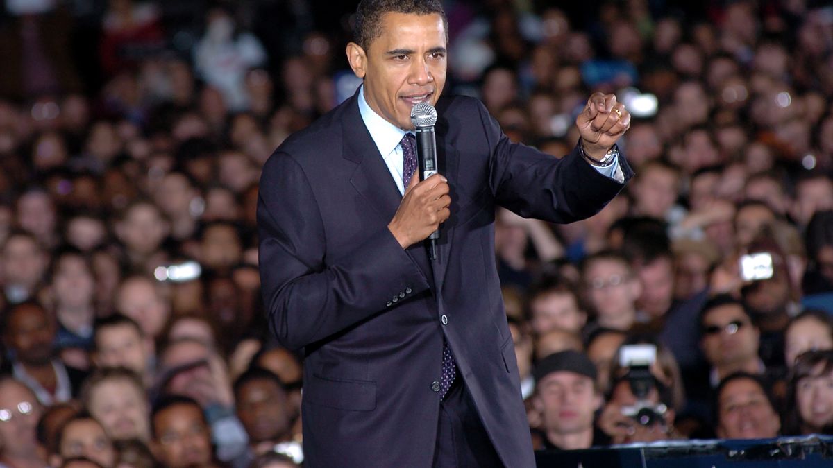 Democratic presidential primary candidate (and future US President) Barack Obama speaks during an outdoor rally on Congress Avenue, Austin, Texas, February 22, 2008. (Photo by John Anderson/The Austin Chronicle/Getty Images)