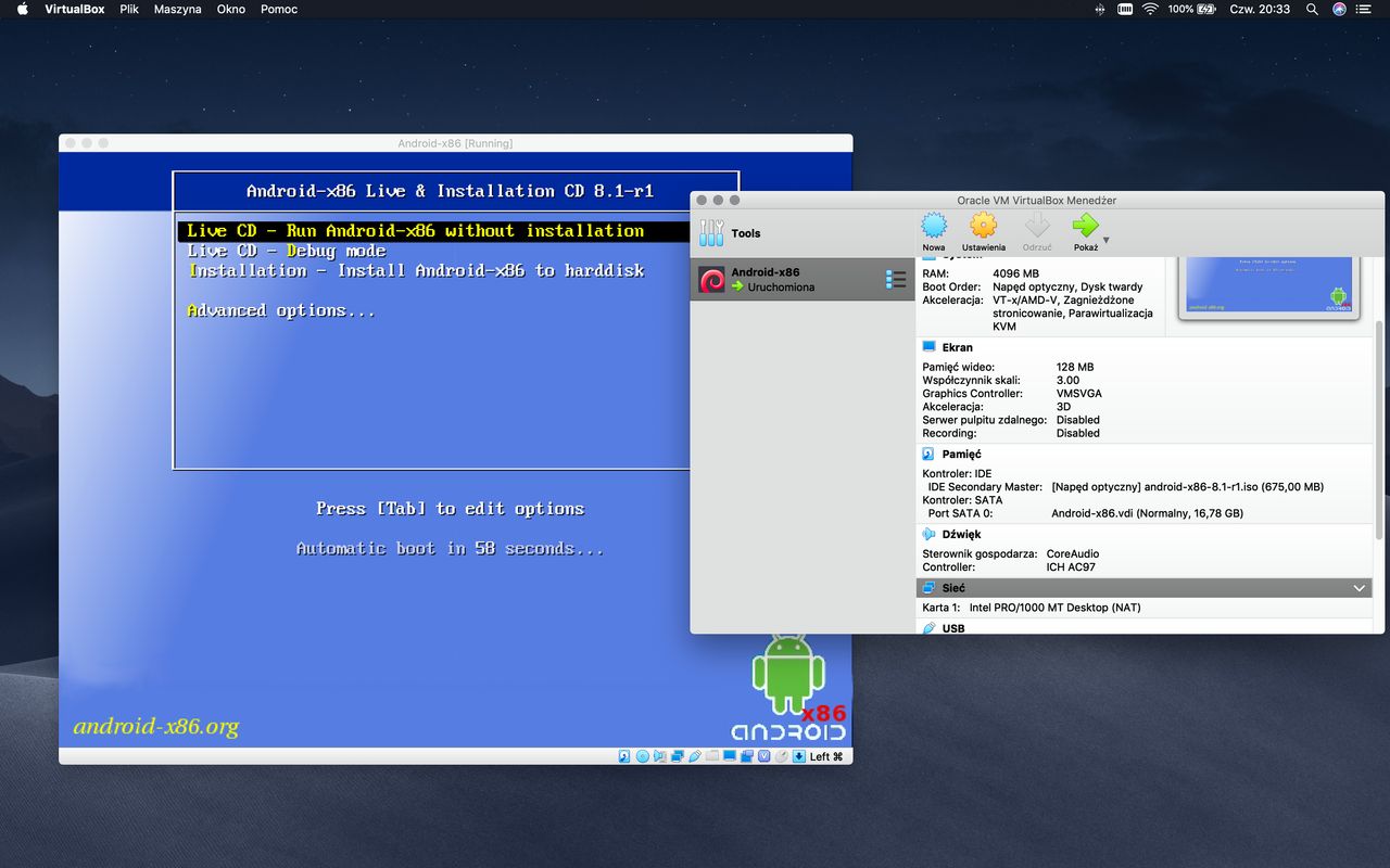 Android-x86 uruchomiony na VirtualBox