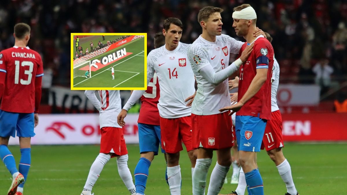 Na zdjęciu: piłkarze reprezentacji Polski podczas meczu z Czechami, w ramce sytuacja z Janem Bednarkiem