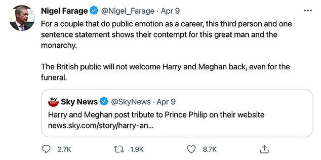 Nigel Farage krytykuje Meghan i Harry'ego