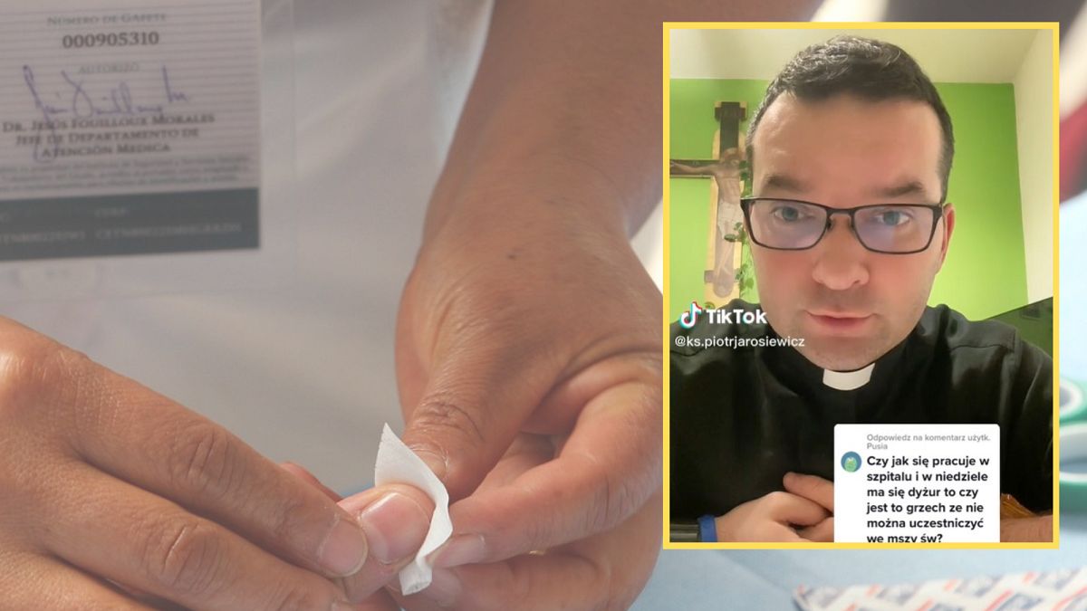 Ksiądz wypowiada się na temat pracy pielęgniarek w niedzielę. Zachęca do udziału we mszy świętej w sobotę