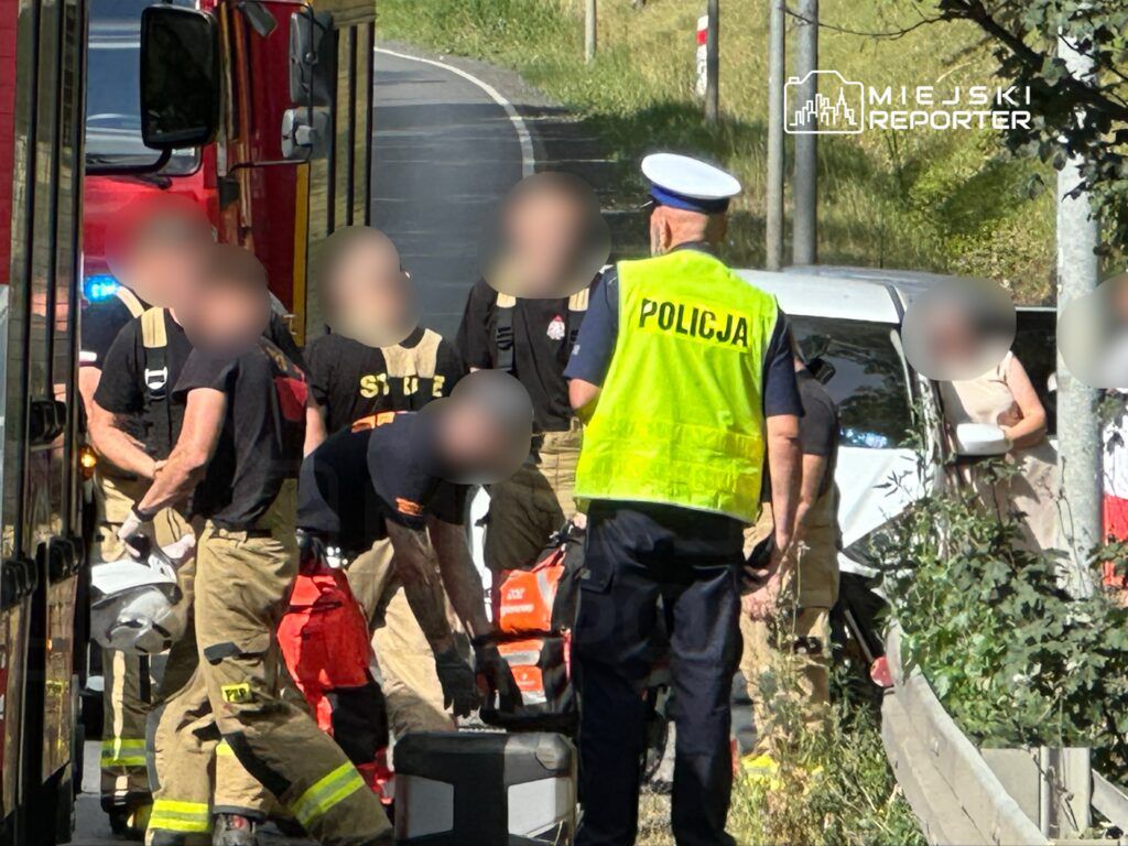 Strażacy udzielają pomocy poszkodowanej osobie przy drodze, obok wozu strażackiego i radiowozu policyjnego.