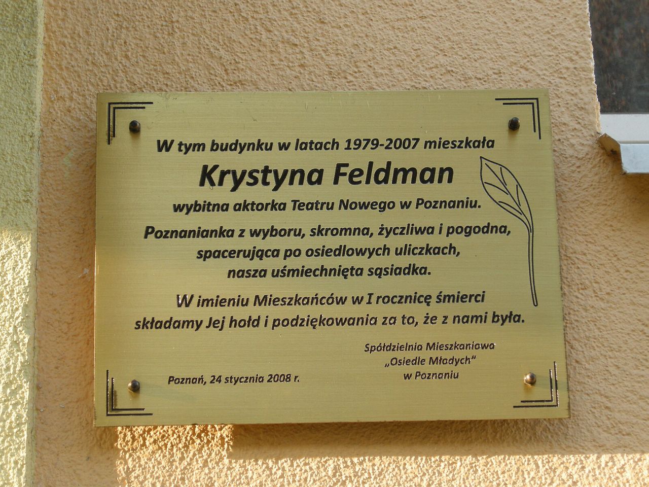 Dokładnie 17 lat temu odsłonięto tablicę pamiątkową poświęconą Krystynie Feldman