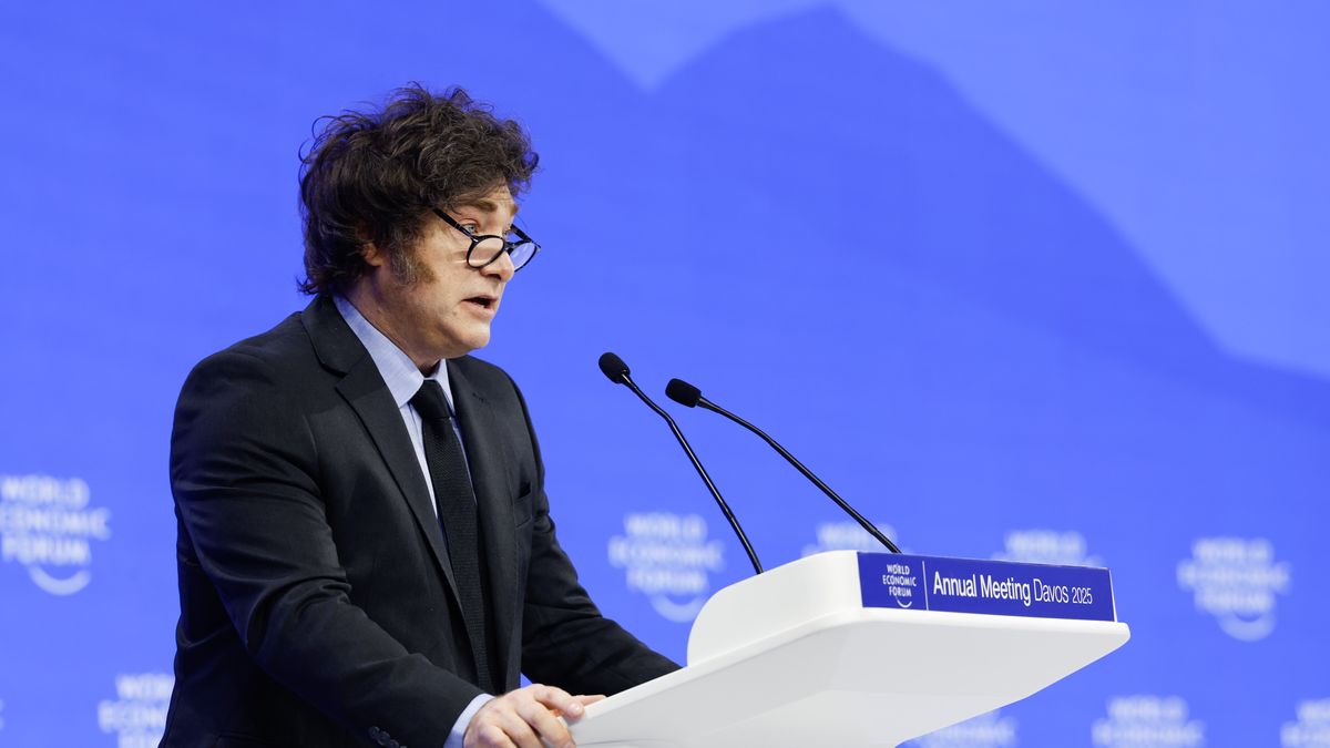 Javier Milei, Argentina's president, at the World Economic Forum (WEF) in Davos, Switzerland, on Thursday, Jan. 23, 2025. The annual Davos gathering of political leaders, top executives and celebrities runs from January 20 to 24. Photographer: Stefan Wermuth/Bloomberg via Getty Images