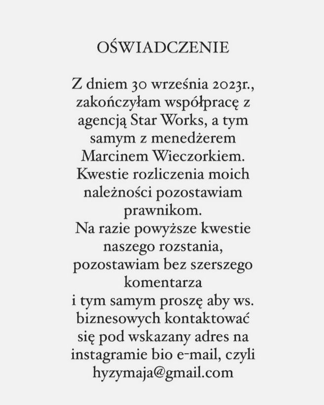 Maja Hyży zakończyła współpracę z menadżerem