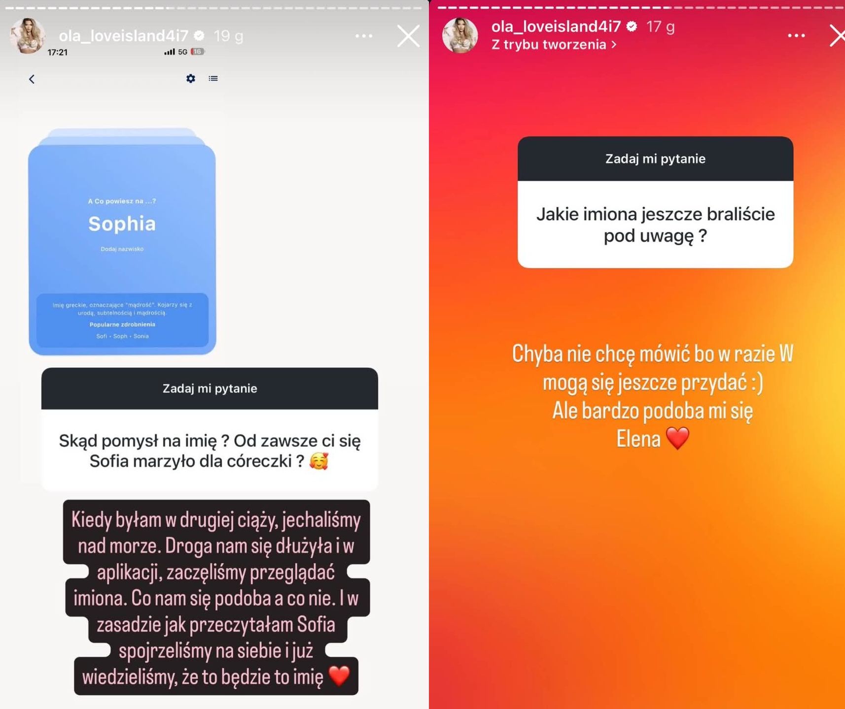 Wpisy Oli Tomali na Instagramie