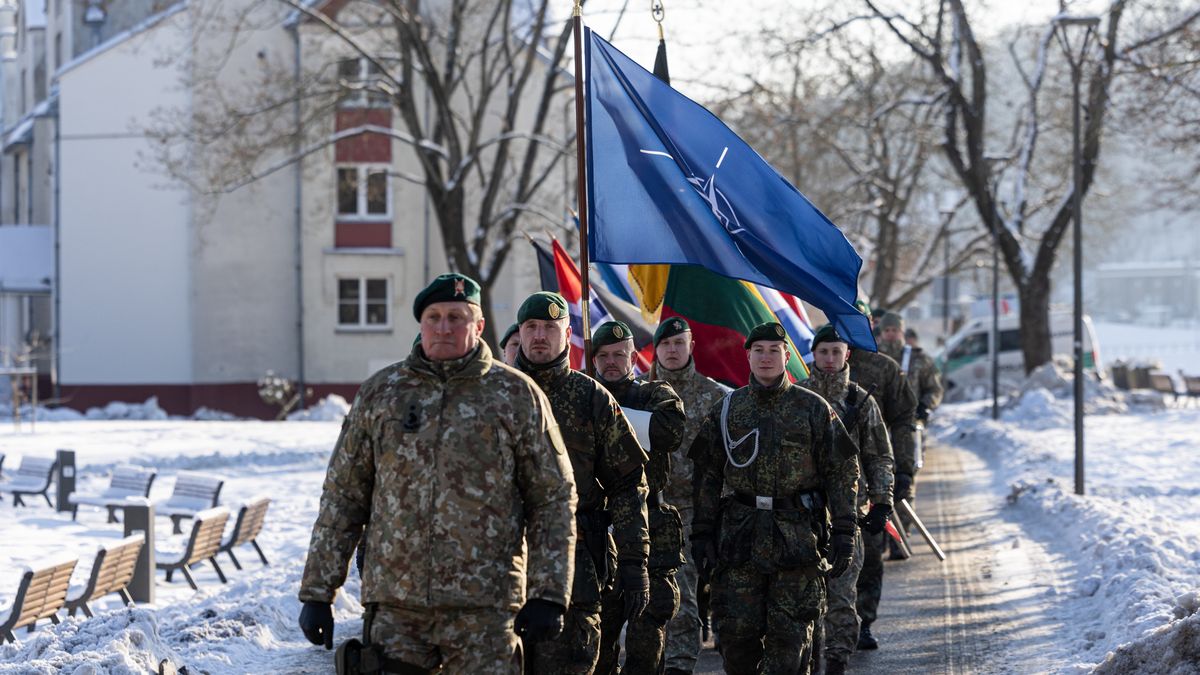 KAUNAS, LITHUANIA - FEBRUARY 4: German Bundeswehr troops march during a public ceremony to mark the expansion of Germany's Lithuania military commitment on February 4, 2026 in Kaunas, Lithuania. Germany leads a multi-national, NATO contingent in Lithuania with its Lithuania Armoured Brigade 45. The unit was recently expanded to include two additional armoured infantry battalions. Germany is building a new military base in southeastern Lithuania that will accommodate up to 5,000 personnel. (Photo by Paulius Peleckis/Getty Images)