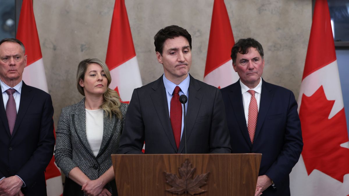 Justin Trudeau, Canada's prime minister, center, speaks during a press conference with, David McGuinty, Canada's minister of public safety, from left, Melanie Joly, Canada's foreign minister, and Dominic LeBlanc, Canada's finance and intergovernmental affairs minister, on Parliament Hill in Ottawa, Ontario, Canada, on Saturday, Feb. 1, 2025. Canada is set to introduce escalating retaliatory counter-tariffs to try to turn Americans against President Donald Trump's 25% levies on Canadian goods, a threat that's causing the country to rethink its dependence on its southern neighbor. Photographer: David Kawai/Bloomberg via Getty Images