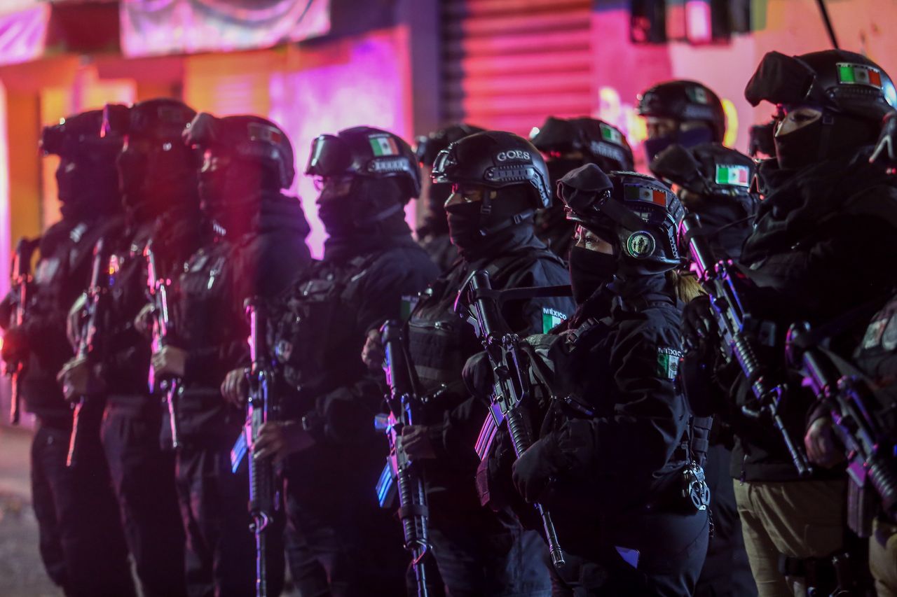 February 18, 2023, Ecatepec, Mexico: Police officers patrol the Altavilla neighborhood as part of police operations that are carried out daily in different neighborhoods of the municipality, to avoid the high crime experienced in the State of Mexico. (Photo by Rick Cruz/ Eyepix Group) (Photo credit should read Rick Cruz/ Eyepix Group/Future Publishing via Getty Images)