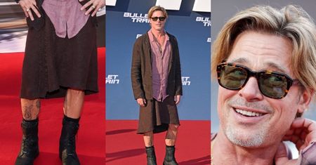 Brad Pitt przyszedł na ściankę w... lnianej SPÓDNICY! Zgrabne ma łydki? (ZDJĘCIA)