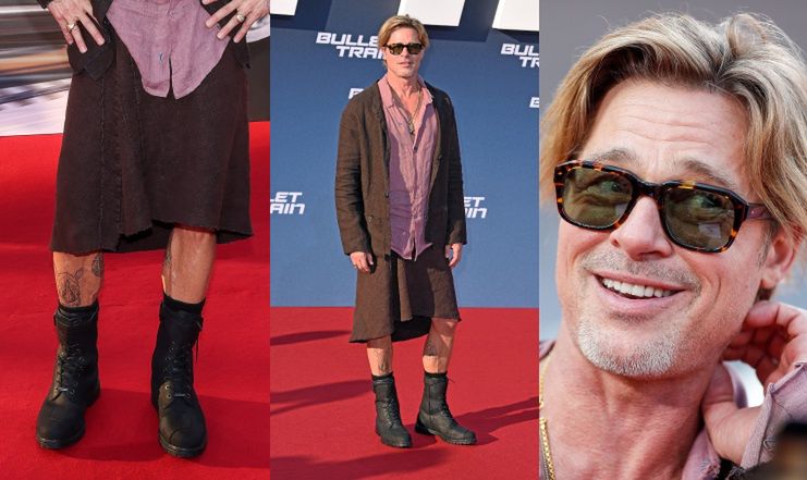 Brad Pitt eksponuje wytatuowane łydki w lnianej spódnicy