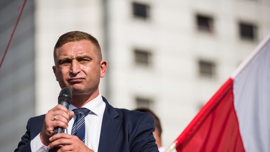 WARSAW, MAZOWIECKIE, POLAND - 2022/08/01: Robert Bakiewicz, leader of the Independence March Association, speaks during the march in Warsaw. Thousands of people participated in a march organized by nationalist organizations to celebrate the 75th anniversary of the Warsaw Uprising. The Warsaw Uprising (Powstanie Warszawskie) was the largest military operation by any European resistance movement against the Nazi German occupiers during World War II. (Photo by Attila Husejnow/SOPA Images/LightRocket via Getty Images)