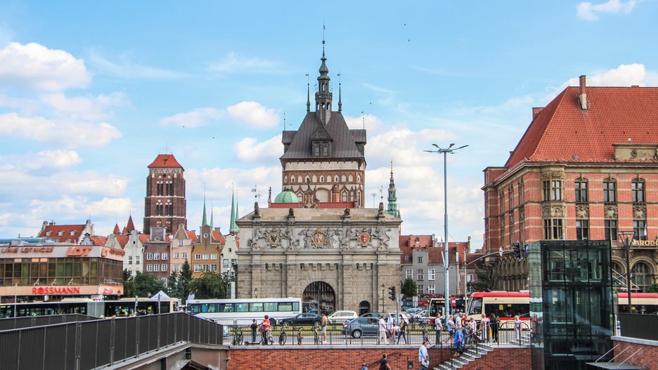 General view of the Old Town with Porta Alta (Brama Wyzynna, Basilica of St. Mary of the Assumption of the Blessed Virgin Mary (Bazylika Maracka ) and Lot building is seen in Gdansk, Poland on 15 August 2019  (Photo by Michal Fludra/NurPhoto via Getty Images)