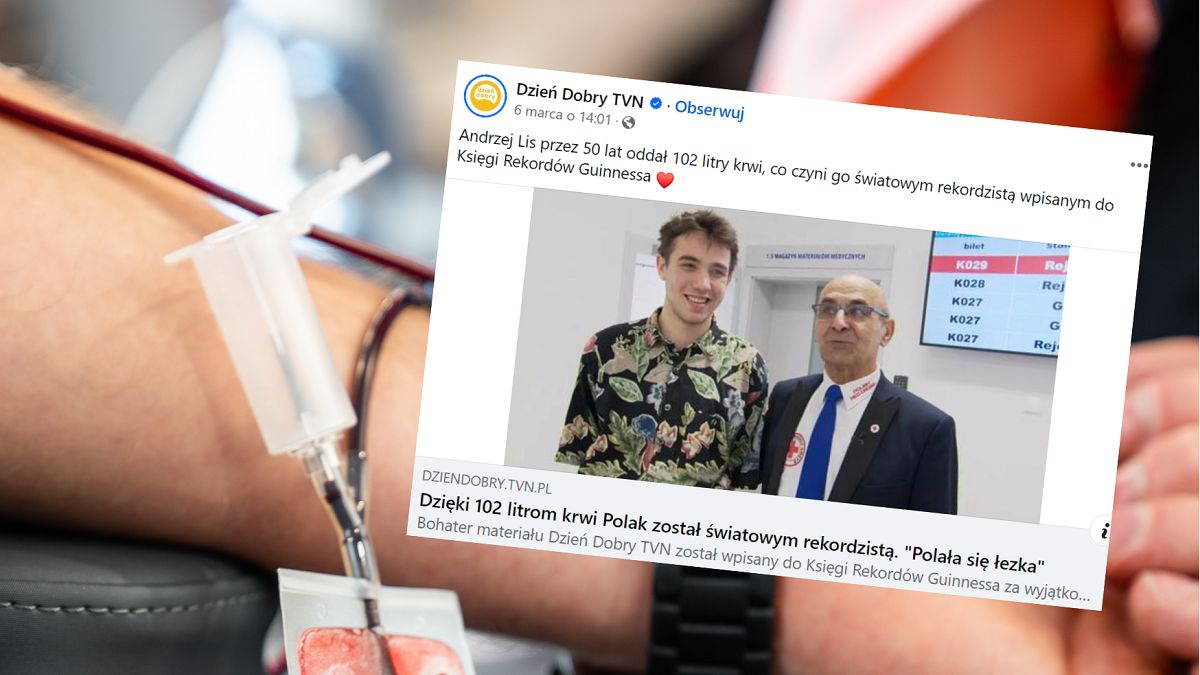 Andrzej Lis trafił do księgi rekordów Guinnessa. Przez 50 lat oddał 102 litry krwi. 