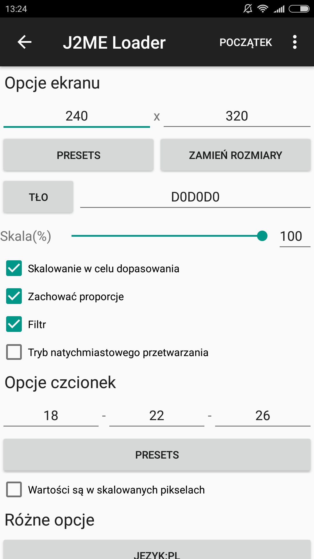 Opcje konfiguracyjne J2ME loadera: dostępna też polska wersja językowa