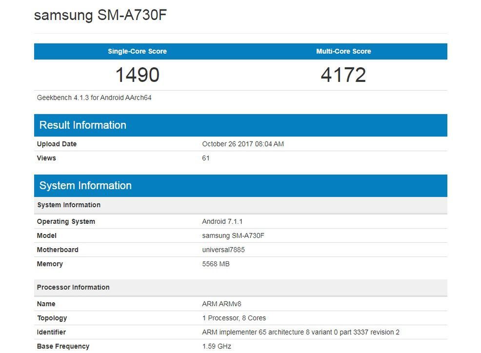 Galaxy A7 (2018) w bazie Geekbench?