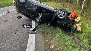 Dachowanie na DK78 pod Jędrzejowem. Ford uderzył w drzewo [zdjęcia]
