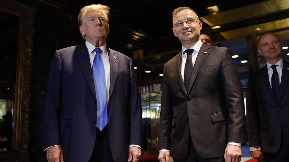 NEW YORK, NEW YORK - APRIL 17: Republican presidential nominee, former President Donald Trump stands with Polish President Andrzej Duda at Trump Tower on April 17, 2024 in New York City. Trump met with President Duda, a strong supporter of Ukraine, as European and NATO leaders prepare for the possibility that Trump wins the November presidential election and returns to the White House. The meeting comes on an off day in Trump's criminal trial.  (Photo by Michael M. Santiago/Getty Images)