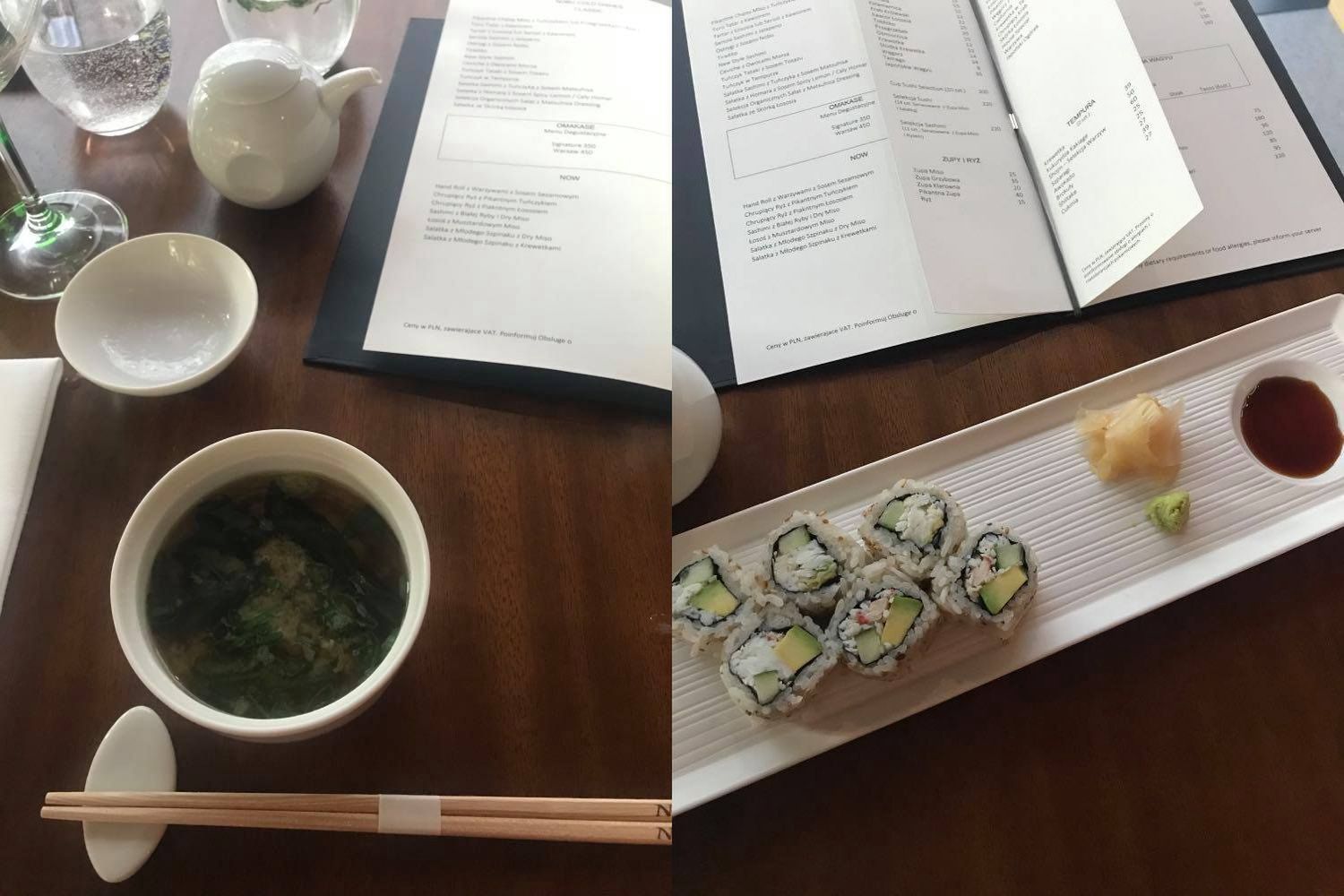 Tradycyjna japońska zupa miso oraz sushi California 