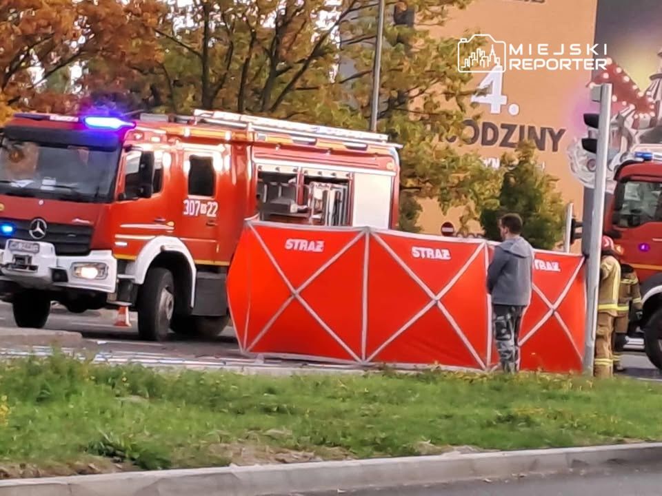 Straż pożarna z włączonymi sygnałami świetlnymi, mężczyzna w szarej bluzie obserwujący akcję ratunkową przy drodze.