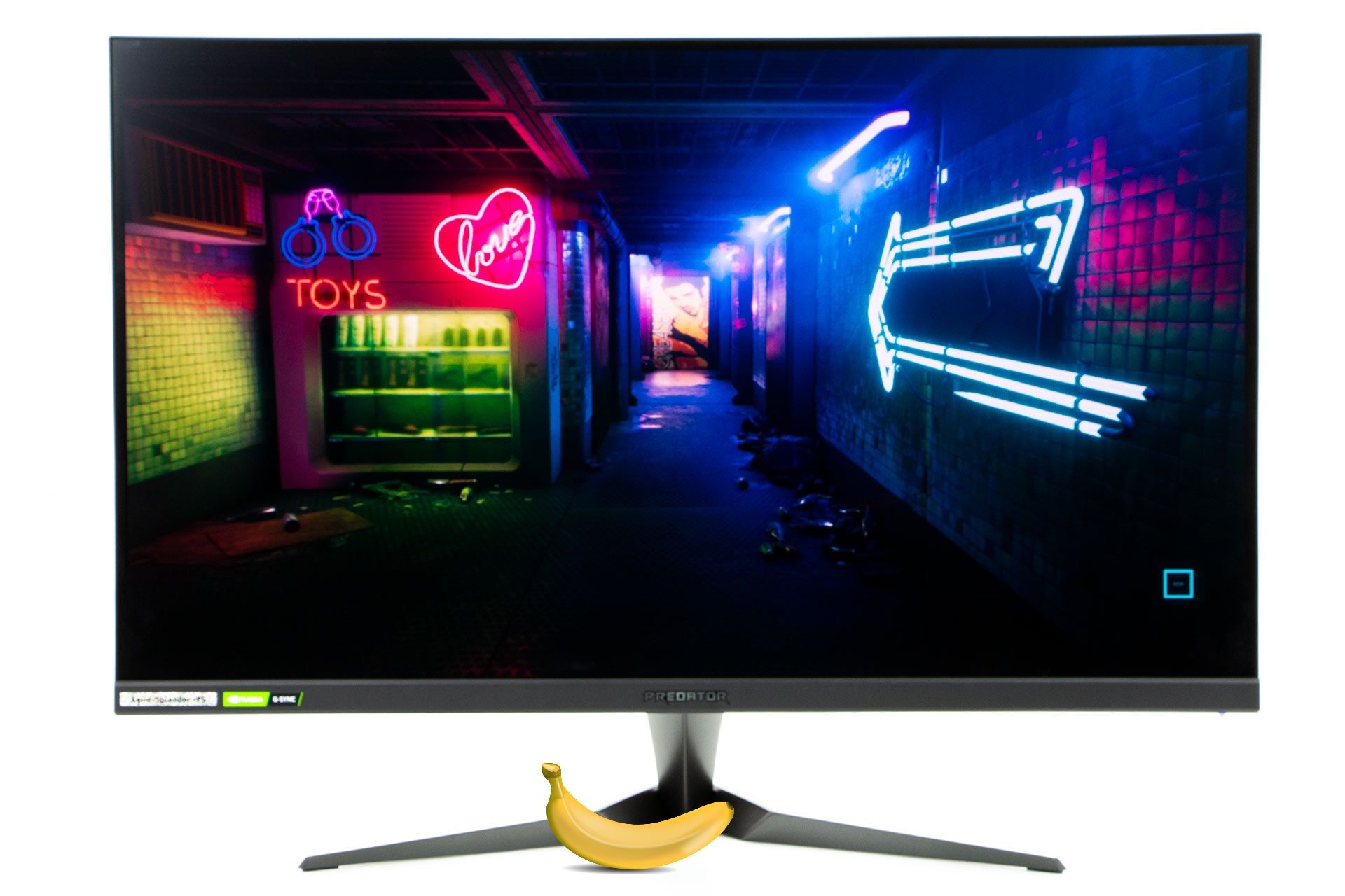 Acer Predator XB323U - od przodu, włączony z bananem