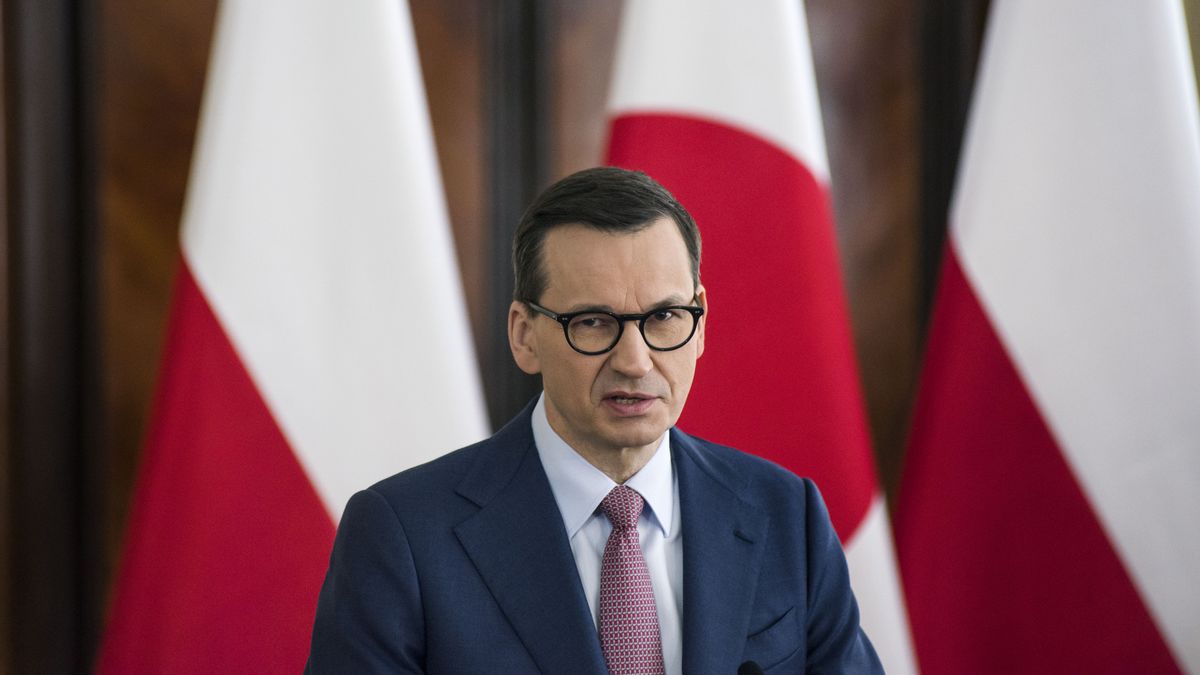 WARSAW, MAZOWIECKIE, POLAND - 2023/03/22: Polish Prime Minister Mateusz Morawiecki is seen during the meeting with Fumio Kishida (not in view) in Warsaw. In Warsaw, Japanese Prime Minister Fumio Kishida met with Polands Prime Minister for talks about the regions security and bilateral relations a day after he made a surprise visit to Kyiv. (Photo by Attila Husejnow/SOPA Images/LightRocket via Getty Images)
