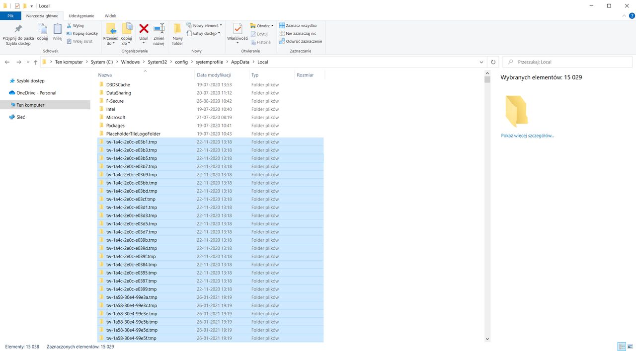 Puste katalogi można też znaleźć w Windows 10. Tutaj ponad 15 tys.