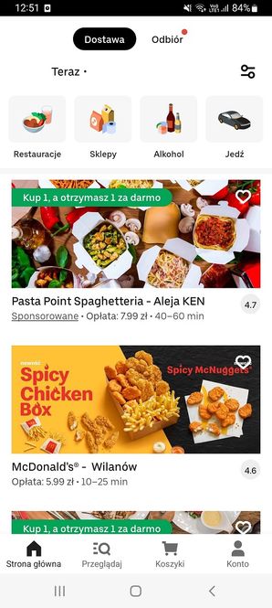 Uber Eats - menu główne