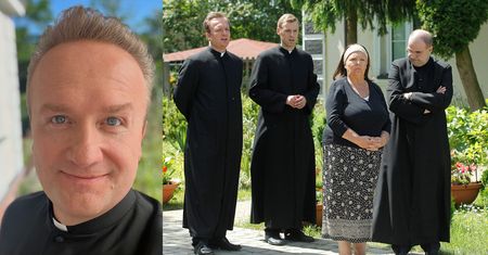 Wspólne zdjęcie księży z planu "Rancza" w Dzień Ojca. Fani: "Szefowie"