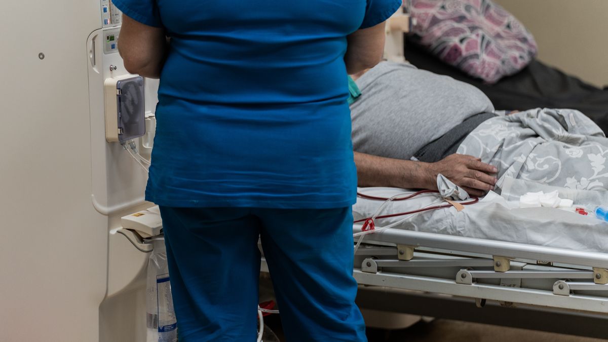 PLEVEN, BULGARIA - SEPTEMBER 5: Nurse performing a procedure in the hemodialysis ward. The hydrophore-assisted water system implemented in the ward of Georgi Stranski hospital is essential for the operation of the hemodialysis machines on September 5, 2025 in Pleven, Bulgaria. Bulgaria's water system is facing collapse, as aging, leaky infrastructure is exacerbated by mismanagement and more frequent droughts due to climate change. In the city of Pleven, local authorities have formed a crisis committee to address the problems of water scarcity, with water restrictions in place allowing residents the use of their taps for only 2.5 hours per day.  (Photo by Hristo Rusev/Getty Images)