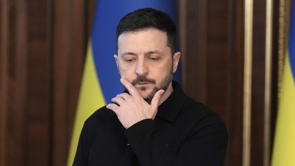 Volodymyr Zelenskiy, Ukraine's president, at a news conference in Kyiv, Ukraine, on Thursday, April 17, 2025. Zelenskiy told reporters in Kyiv that he has evidence that China has supplied weapons to Russia and "will be able to talk about it in detail next week." Photographer: Andrew Kravchenko/Bloomberg via Getty Images