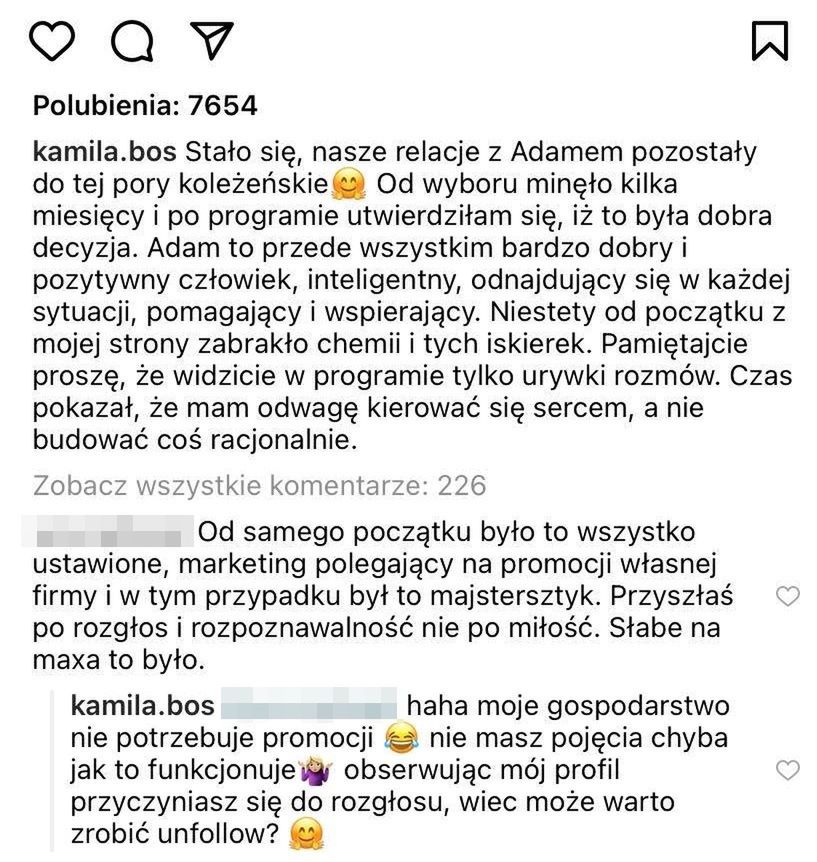 Wpis Kamili na Instagramie i komentarz internauty 