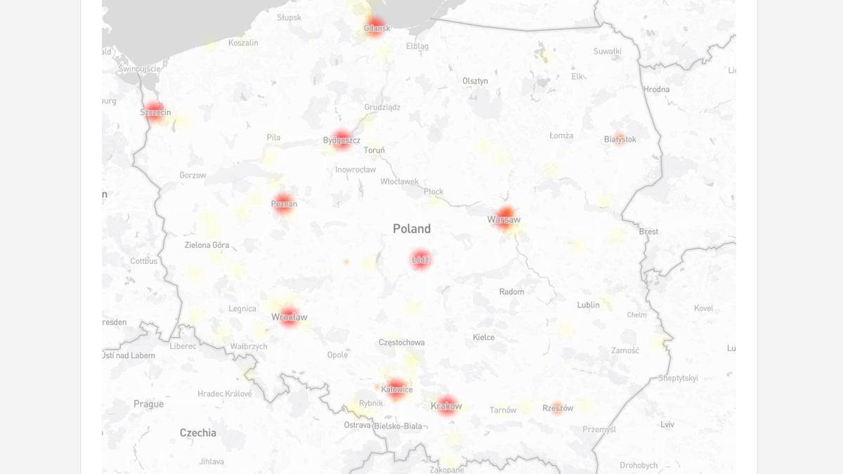 Mapa zgłoszeń awarii serwisu Revolut