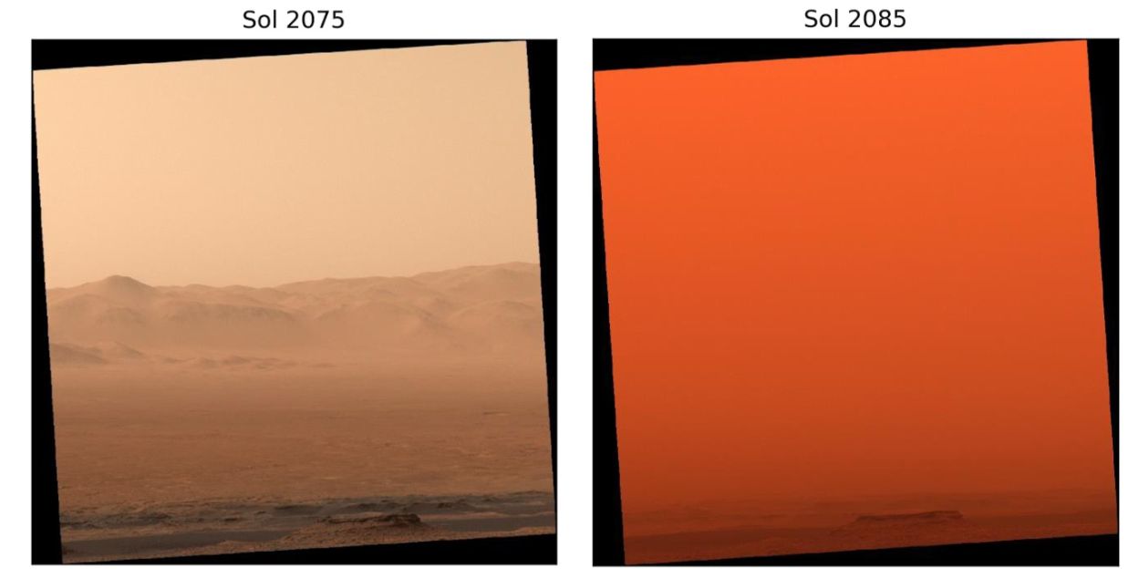 Widok krateru Gale z Curiosity podczas globalnej burzy pyłowej