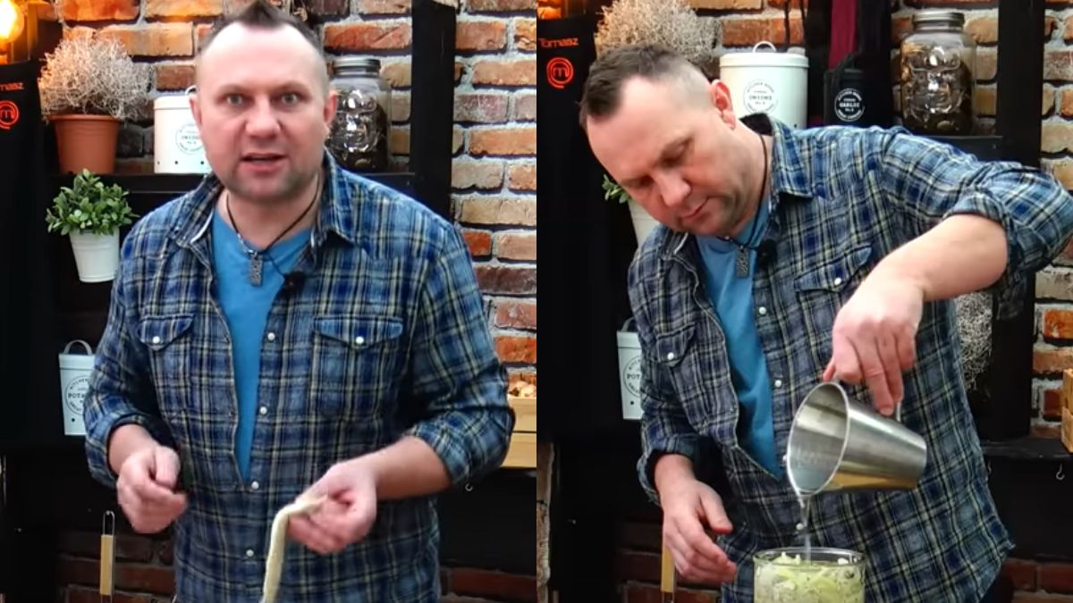 Zamiast płacić krocie w sklepie, Strzelczyk robi śledzika w oleju sam. Jest prosto i pysznie (fot. screen z kanału 
Tomasz Strzelczyk ODDASZFARTUCHA)