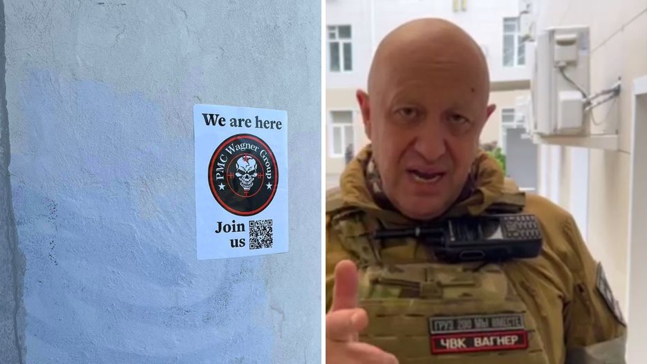 Naklejka reklamująca wstąpienie do Grupy Wagnera na ulicy w Krakowie
