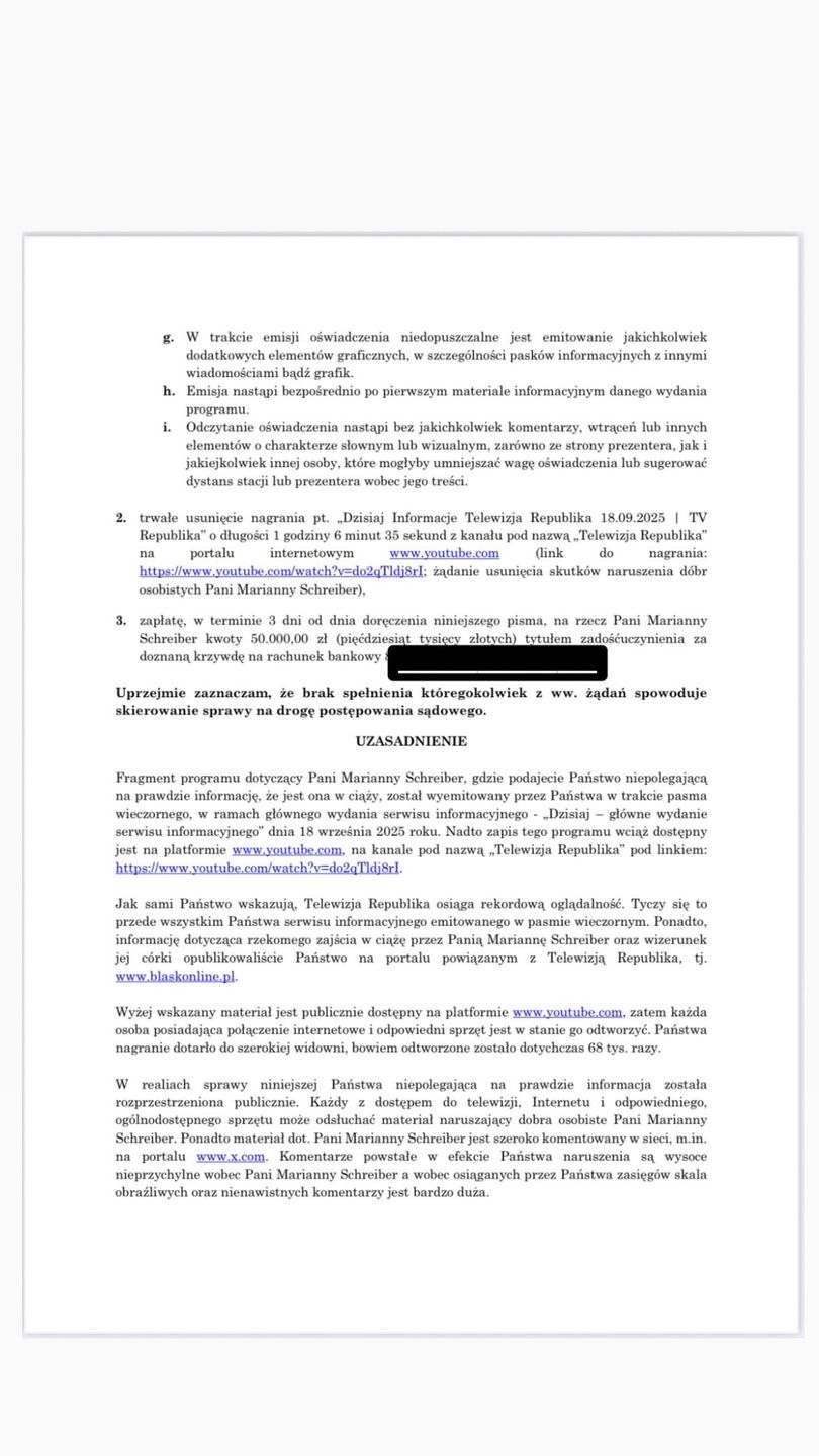 Treść wezwania wysłanego w imieniu Marianny Schreiber
