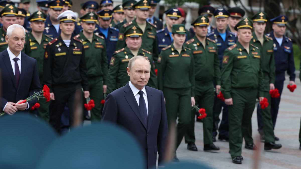 MOSCOW, RUSSIA - JUNE 22  (RUSSIA OUT) Russian President Vladimir Putin (L) and Defence Minister Andrey Belousov (R) attend a wreath laying ceremony to the Unknown Soldier's Tomb in the Alexander Garden along the Kremlin wall, June 22, 2025, in Moscow, Russia. The day commemorates Operation Barbarossa, in which the Axis powers invaded the Soviet Union during World War II. (Photo by Contributor/Getty Images)